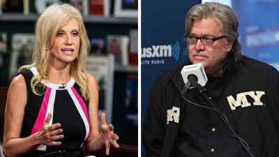 Kellyanne Conway (left) and Steve Bannon (right) were appointed to leadership positions in the Trump campaign after Donald Trump met with billionaire Robert Mercer. Both Conway and Bannon have run projects funded by Mercer. (Photo credits: Chris Goodney/Bloomberg via Getty Images; Cindy Ord/Getty Images for SiriusXM)