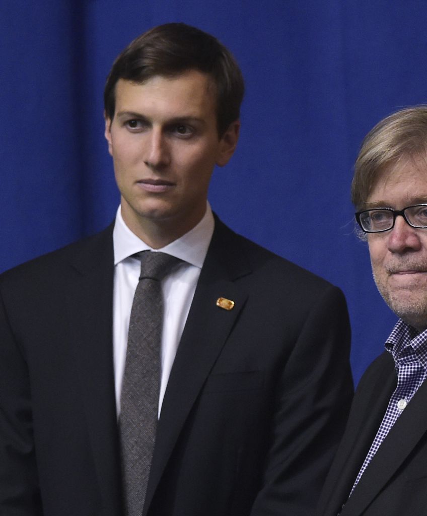 Jared Kushner (L), husband of Ivanka Trump, and Donald Trump's campaign Chief Executive Officer Stephen Bannon (R) watch as Republican presidential nominee Donald Trump speaks during a rally at the Canton Memorial Civic Center on September 14, 2016 in Canton, Ohio. (MANDEL NGAN/AFP/Getty Images)