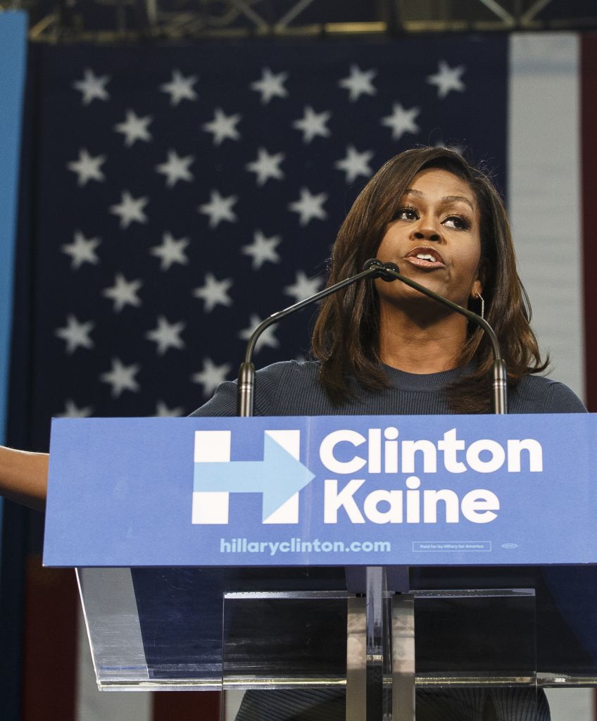 Michelle Obama speaks in Manchester, NH on Oct. 13, 2016. (Photo by Keith Bedford/The Boston Globe via Getty Images)