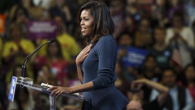 US First Lady Michelle Obama speaks during a campaign rally in support of Democratic Presidential nominee Hillary Clinton at Southern New Hampshire University in Manchester, NH on Oct. 13, 2016. (Photo by Keith Bedford/The Boston Globe via Getty Images)
