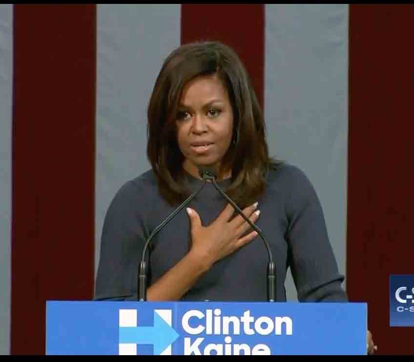 In a powerful speech in Manchester, New Hampshire, on Oct. 13, 2016, first lady Michelle Obama said, "This is not normal. This is not politics as usual. This is disgraceful. It is intolerable. ... None of us deserves this kind of abuse." (Screen grab of C-SPAN video)