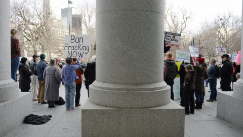Protesters gathered in front of the Colorado Supreme Court Building to protest fracking before hearings on whether or not Colorado towns could ban the process, Dec. 9, 2015. (Photo by Cyrus McCrimmon/The Denver Post via Getty Images)