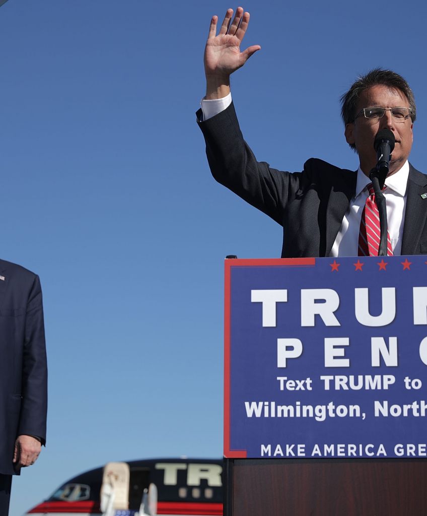 Donald Trump (L) listens to North Carolina Governor Pat McCrory during a campaign rally on November 5, 2016, in Wilmington, North Carolina. (Photo by Chip Somodevilla/Getty Images)