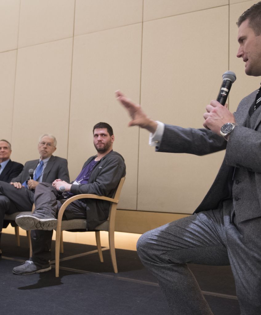 (L-R) Panelists Peter Brimelow, Jared Taylor, Kevin MacDonald, self-named "Millenial Woes" and Richard Spencer take questions at a conference in Washington, DC, hosted by the white nationalist National Policy Institute on Saturday, November 19, 2016. (Photo by Linda Davidson/The Washington Post via Getty Images)