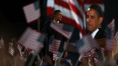 Barack Obama on this night of his first election in Chicago. Donald Trump's victory was a reaction to the first African-American president, Rev. William Barber II writes — the likes of which America has seen before. (Photo by Justin Sullivan/Getty Images)