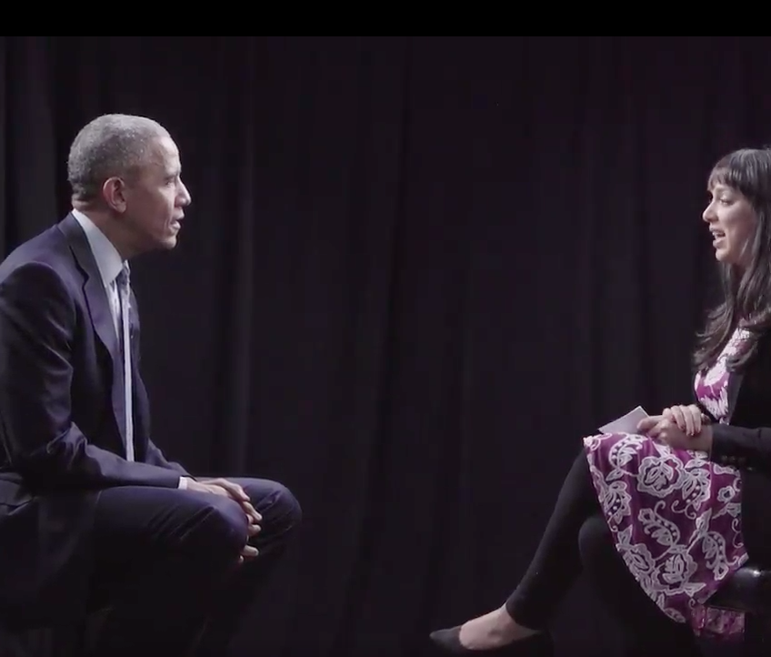 Barack Obama and Versha Sharma in a NowThis News interview. The president discussed the recent FBI disclosure that it was looking at emails found on former Rep. Anthony Weiner's computer that may be relevant to Hillary Clinton's tenure as secretary of state.