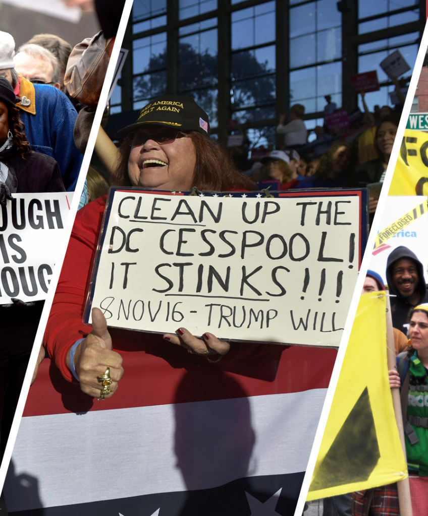 (Left to right) A Black Lives Matter gathering in 2014 (niXerKG/Flickr cc 2.0); a Trump rally (Photo by Mandel Ngan/AFP/Getty Images); an Occupy Wall Street march in 2012 (Michael Fleshman/Flickr cc 2.0).