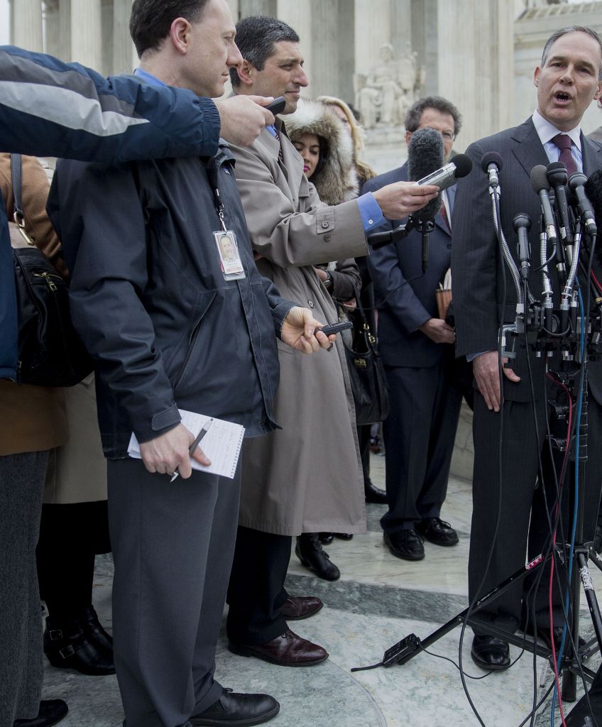 Scott Pruitt, attorney general of Oklahoma, speaks to the media in front of the US Supreme Court on March 4, 2015. (Photographer: Andrew Harrer/Bloomberg via Getty Images)