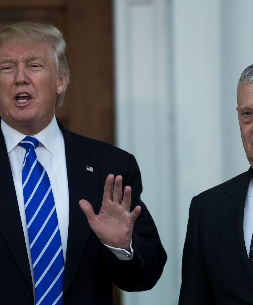 President-elect Donald Trump speaks to reporters as he stands alongside retired United States Marine Corps general James Mattis after their meeting at Trump International Golf Club, November 19, 2016 in Bedminster Township, New Jersey. (Photo by Drew Angerer/Getty Images)