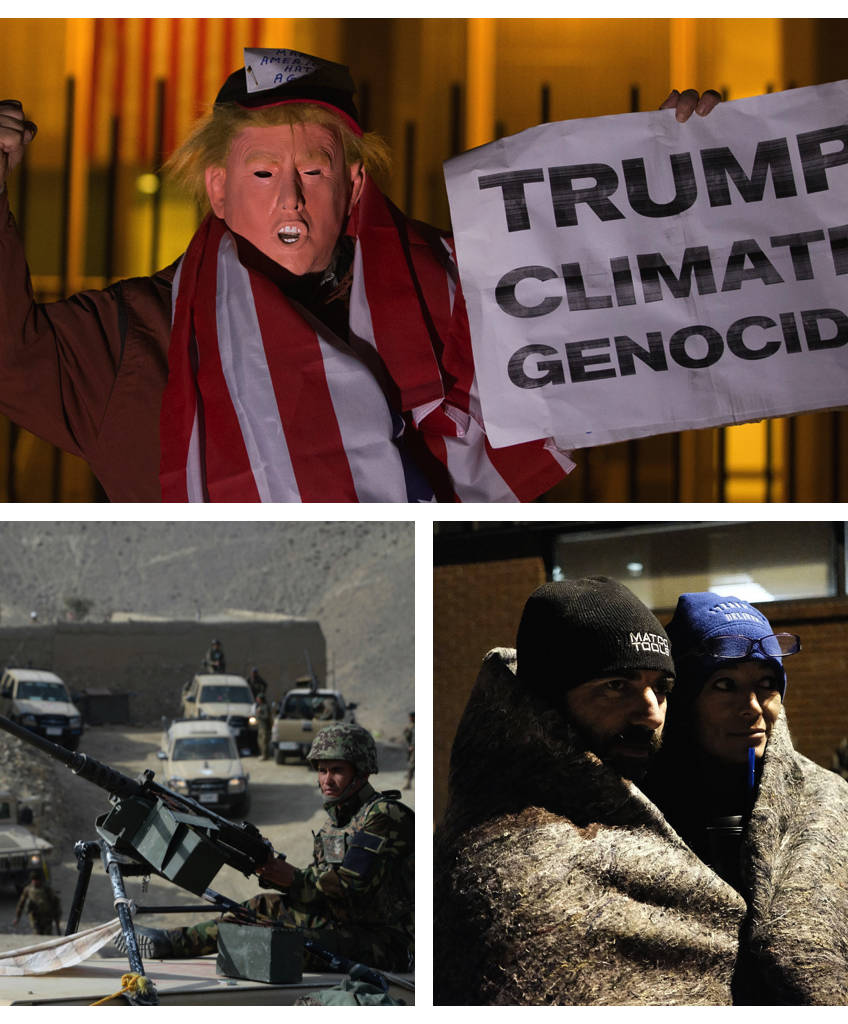 Top: A protestor dressed as President-elect Donald Trump takes part in a demonstration outside the US Embassy in London against Trump's stance on climate change. (Photo by Dominic Lipinski/PA Images via Getty Images). Lower left: Afghan security forces patrol following an operation against Islamic State militants in the Achin district in Nangarhar province. (Photo by Noorullah Shirzada/AFP/Getty Images). Lower right: People gather at dawn, most after sleeping in their cars, to see a doctor at a free mobile dental and medical clinic on Dec. 4, 2016 in Milton, Florida, a financially struggling Florida panhandle community. (Photo by Spencer Platt/Getty Images)