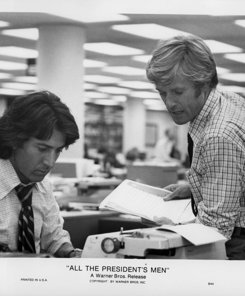 Dustin Hoffman and Robert Redford as The Washington Post's Carl Bernstein and Bob Woodward in the 1976 film All the President's Men. (Photo by Warner Bros. Inc./Getty Images)