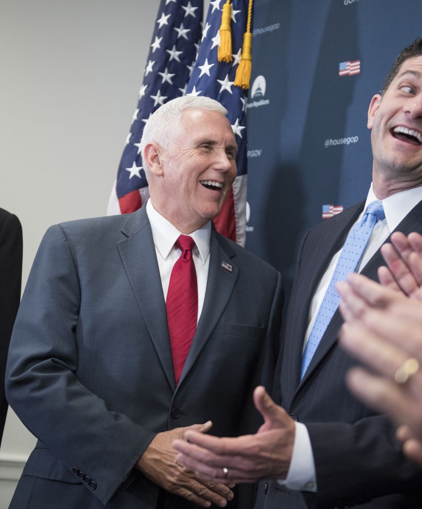 From left, Rep. Cathy McMorris Rodgers (R-WA), Vice President-elect Mike Pence, and Speaker Paul Ryan (R-WI) conduct a news conference after a meeting of the House Republican Conference in the Capitol to discuss a strategy to repeal the Affordable Care Act, January 4, 2016. (Photo By Tom Williams/CQ Roll Call)