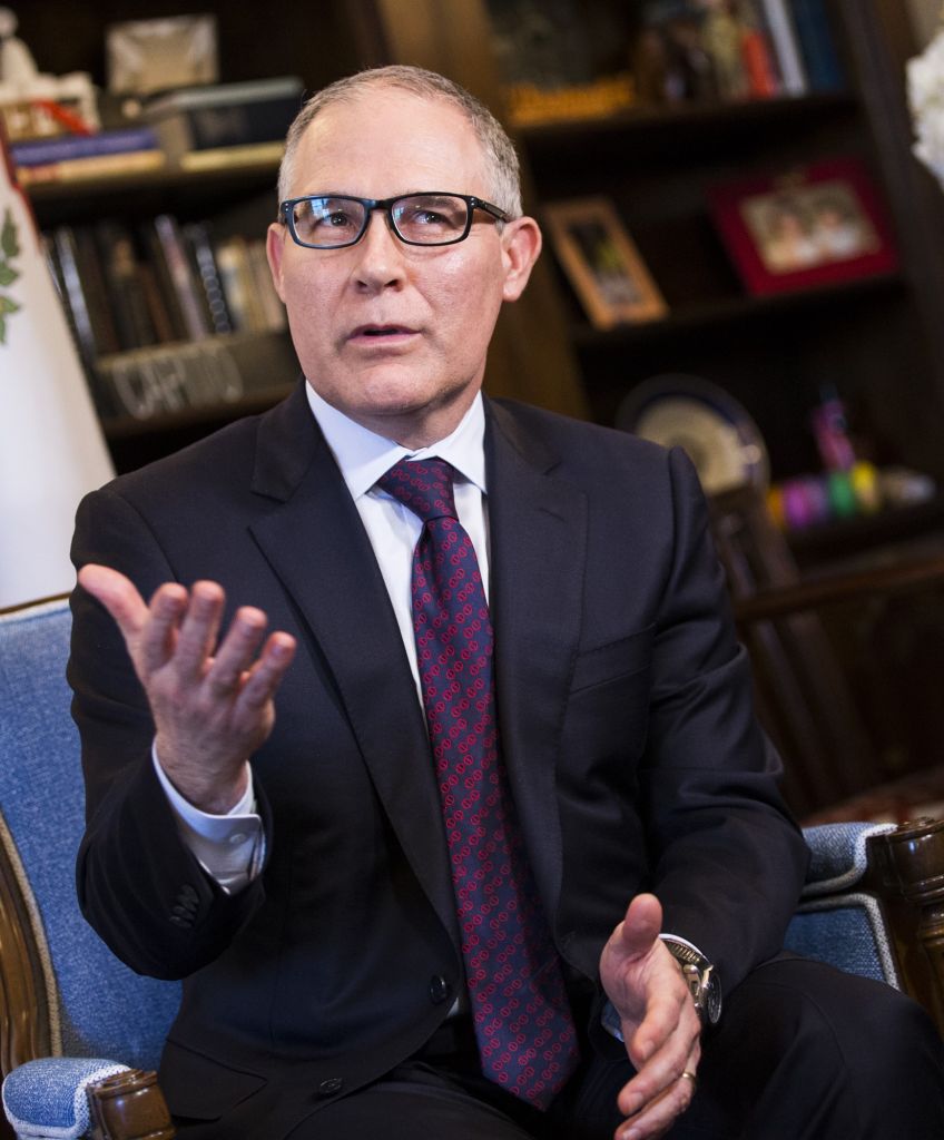 Oklahoma Attorney General Scott Pruitt, President-elect Trump's pick to be the head of the Environmental Protection Agency (EPA), answers questions after meeting with West Virginina Senator Shelley Capito in her office at the US Capitol. (Photo by Samuel Corum/Anadolu Agency/Getty Images)