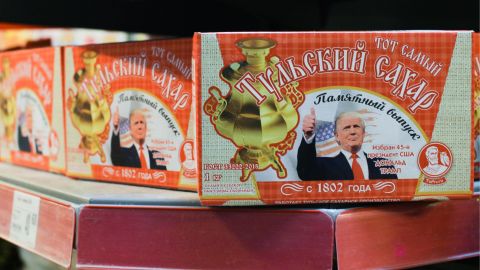 Boxes of sugar cubes bearing the image of US President-elect Donald Trump on sale at a supermarket in Tula, Russia. (Photo by Sergei StarikovTASS via Getty Images)