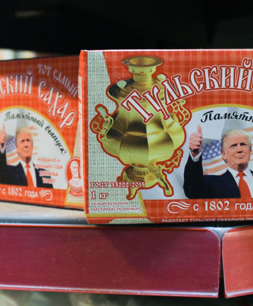 Boxes of sugar cubes bearing the image of US President-elect Donald Trump on sale at a supermarket in Tula, Russia. (Photo by Sergei StarikovTASS via Getty Images)