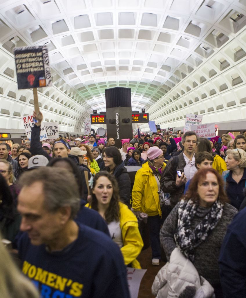 Protesters arrive at the Capital South Metro station for the Women's March on Washington on January 21, 2017 in Washington, DC. (Photo by Jessica Kourkounis/Getty Images)