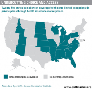 Map of the United States denoting access to insurance for abortions from the Guttmacher Institute. 