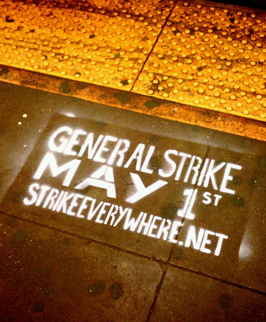 A call for a general strike spraypainted on the Bedford Avenue L train platform in Williamsburg, Brooklyn, Jan. 30, 2012. (Photo by Timothy Krause/ flickr CC 2.0)