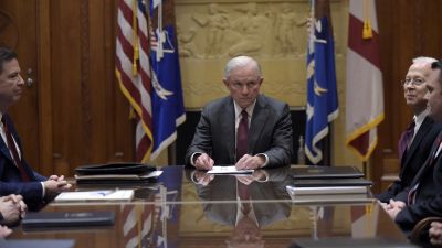 Attorney General Jeff Sessions holds a meeting with the heads of federal law enforcement components at the Department of Justice Feb. 9, 2017 in Washington, DC. (Photo by Susan Walsh-Pool/Getty Images)