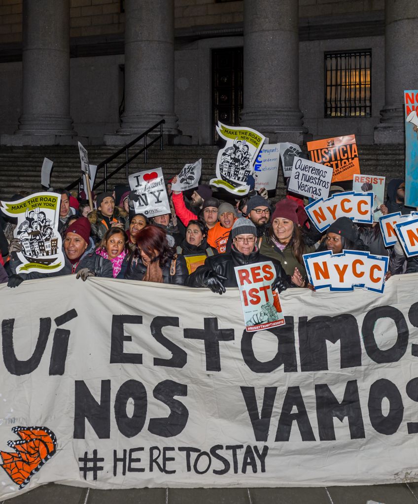 In response to Immigration and Customs Enforcement (ICE) raids and deportations happening across the country, about a thousand people held a rally in front of ICE offices in New York City, followed by a march to demand an end to the attacks on immigrants. (Photo by Erik McGregor/Pacific Press/LightRocket via Getty Images)