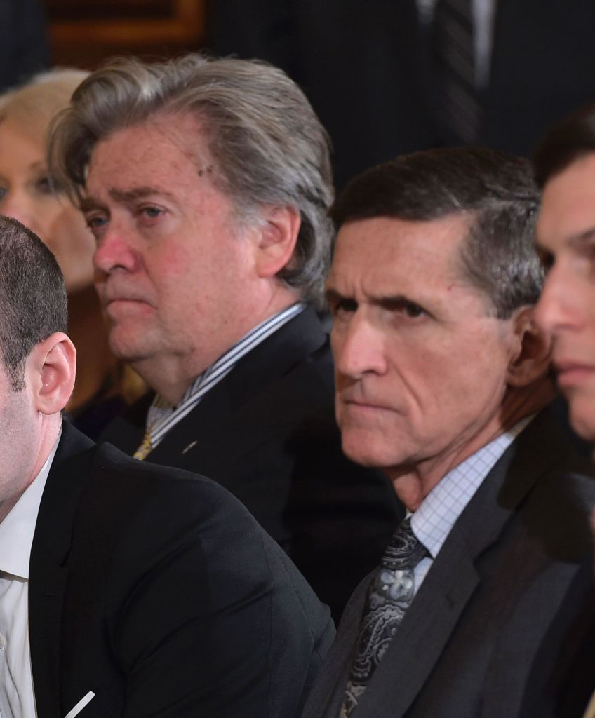 Now former national security advisor Michael Flynn (center) attended a joint press conference by President Donald Trump and Canada's Prime Minister Justin Trudeau in the East Room of the White House yesterday. From left are: senior advisor to the president Stephen Miller, White House chief strategist Stephen Bannon, Flynn, senior advisor to the president Jared Kushner and White House chief of staff Reince Priebus. (MANDEL NGAN/AFP/Getty Images)