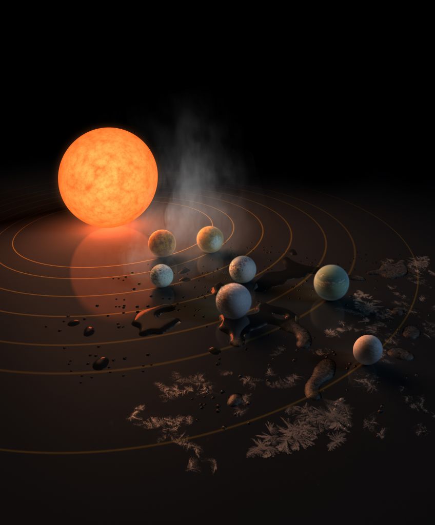 In this NASA digital illustration that will appear on the cover of the journal Nature announcing that the TRAPPIST-1 star, an ultra-cool dwarf, has seven Earth-size planets orbiting it. (Photo digital Illustration by NASA/NASA via Getty Images)