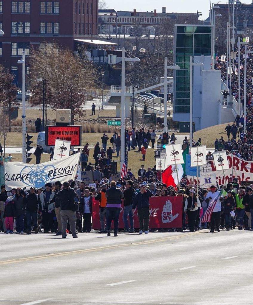 Protesters in Milwaukee, Wisconsin participate in the "day without Latinos, immigrants and refugees" march on Feb. 13, 2016. (Photo by Sue Juggles)