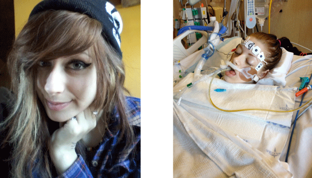 Left: Tori Herr as a high schooler. Right: Herr in the hospital after withdrawal in jail. (Photos courtesy of the Herr family.)
