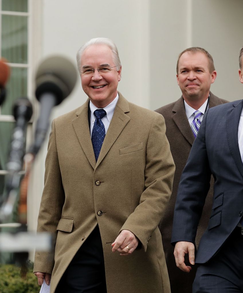 Health and Human Services Secretary Tom Price, Office of Management and Budget Director Mick Mulvaney and White House Press Secretary Sean Spicer walk out of the West Wing before talking to reporters following the release of the Congressional Budget Office report on the proposed American Health Care Act at the White House March 13, 2017 in Washington, DC. Price said "We disagree strenuously" with the findings of the CBO report about the Republican's attempt to repeal and replace the Affordable Care Act, or Obamacare. (Photo by Chip Somodevilla/Getty Images)