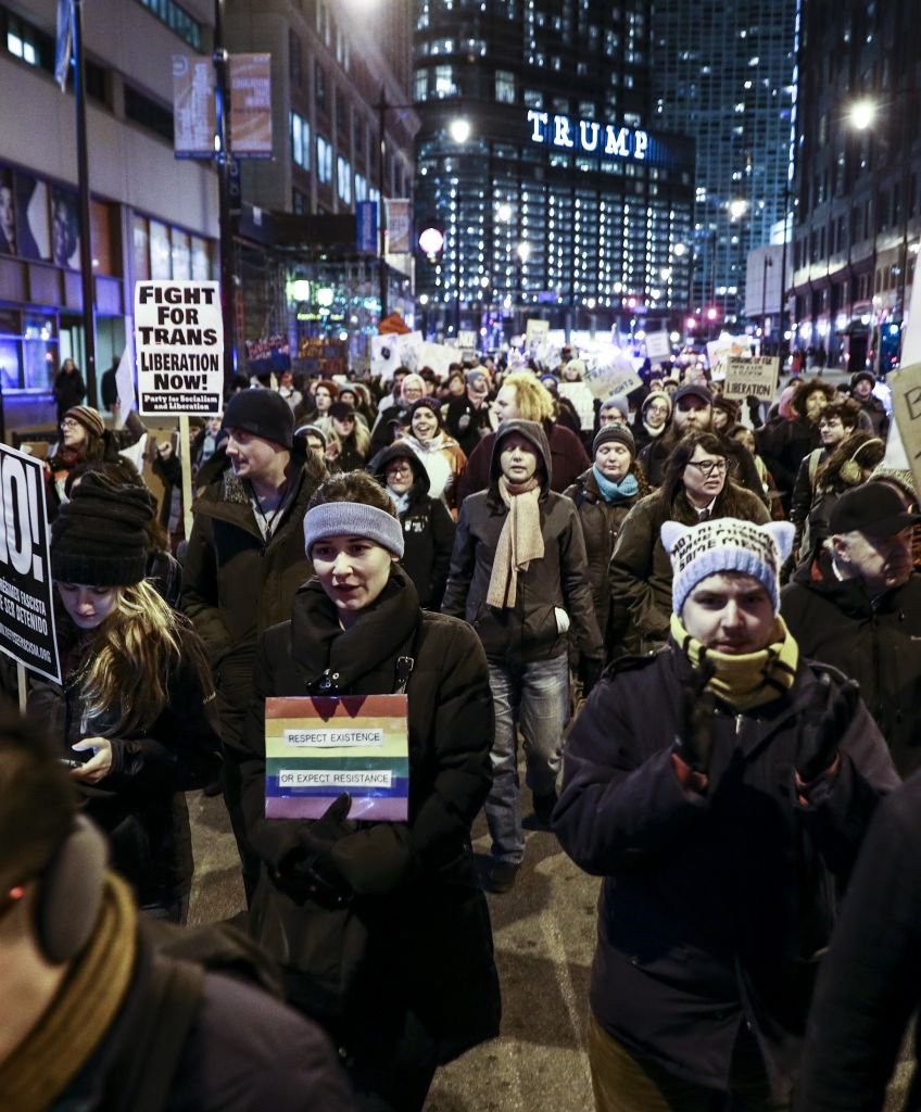 Thousands of people gather outside the Trump tower to rally in defense of transgender rights in Chicago on March 3, 2017. (Photo by Bilgin S. Sasmaz/Anadolu Agency/Getty Images)