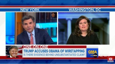 George Stephanopoulos talks with White House spokeswoman Sarah Huckabee Sanders on Monday calling her assertions 'not true.'