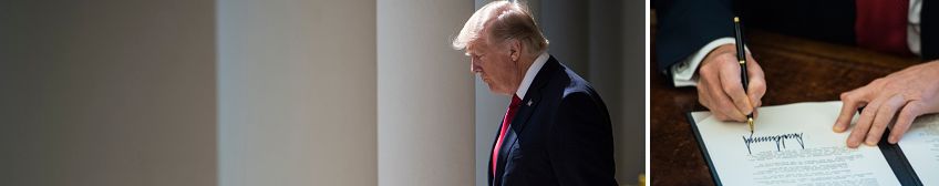 Composite: President Donald Trump walks the colonnade before Justice Anthony Kennedy swears in Neil Gorsuch as an Associate Justice of the Supreme Court during a ceremony at the White House Rose Garden in Washington, DC on Monday, April 10, 2017 and President Donald Trump signs an executive memorandum on investigation of steel imports before signing the document in the Oval Office of the White House in Washington, DC on Thursday, April 20, 2017. (Photo by Jabin Botsford/The Washington Post via Getty Images)