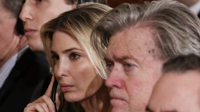 Jared Kushner, Ivanka Trump and Steve Bannon during a press conference in February. (Photo by Mario Tama/Getty Images)