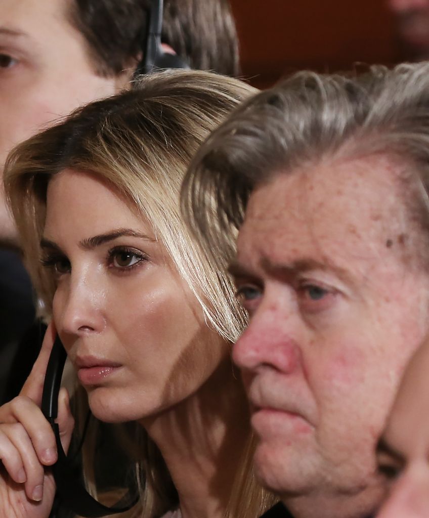 Jared Kushner, Ivanka Trump and Steve Bannon during a press conference in February. (Photo by Mario Tama/Getty Images)