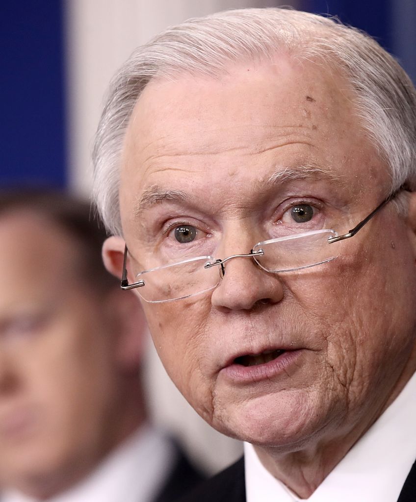 Attorney General Jeff Sessions delivers remarks during the daily White House press briefing March 27, 2017 in Washington, DC. Sessions announced new actions against sanctuary cities that seek Justice Department grants during his surprise appearance. (Photo by Win McNamee/Getty Images)