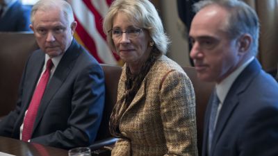 Attorney General Jeff Sessions, Secretary of Education Betsy DeVos and Secretary of Veterans Affairs Secretary David Shulkin attend a panel discussion on opioid and drug abuse in the Roosevelt Room of the White House on March 29, 2017. (Photo by Shawn Thew-Pool/Getty Images)