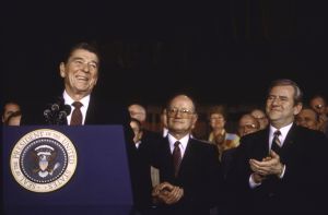 UPresident Ronald Reagan during a speech to National Religious Broadcasters, with Rev. Jerry Falwell applauding. (Photo by Dirck Halstead/The LIFE Images Collection/Getty Images)