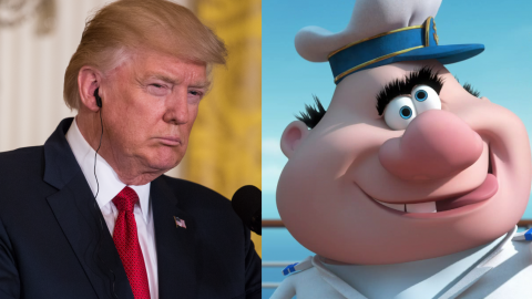 President Trump at a press conference in the East Room of the White House, on April 20, 2017. (Photo by Cheriss May/NurPhoto via Getty Images; Right image: Captain Peachfuzz/Dreamworks Wiki)