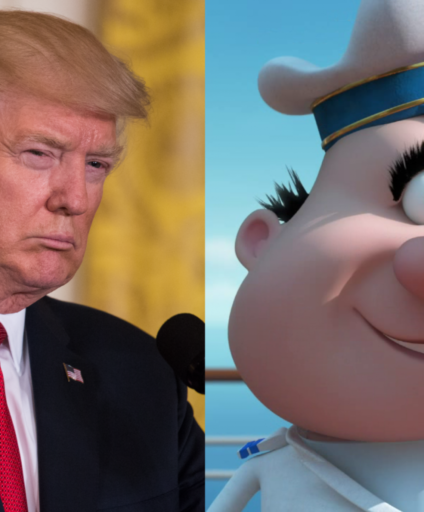 President Trump at a press conference in the East Room of the White House, on April 20, 2017. (Photo by Cheriss May/NurPhoto via Getty Images; Right image: Captain Peachfuzz/Dreamworks Wiki)