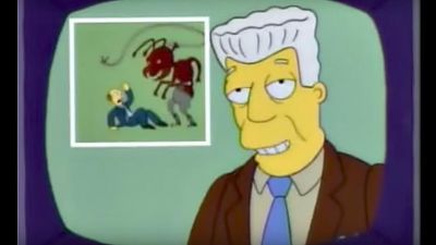 Newsman Kent Brockman welcomes his new insect overlords in the "Deep Space Homer" episode of The Simpsons. (Screen shot)