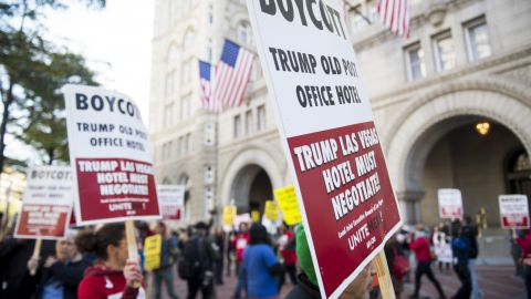 Labor union groups join anti-Trump protesters outside the Trump International Hotel in Washington on Wednesday, Oct. 26, 2016. (Photo By Bill Clark/CQ Roll Call)
