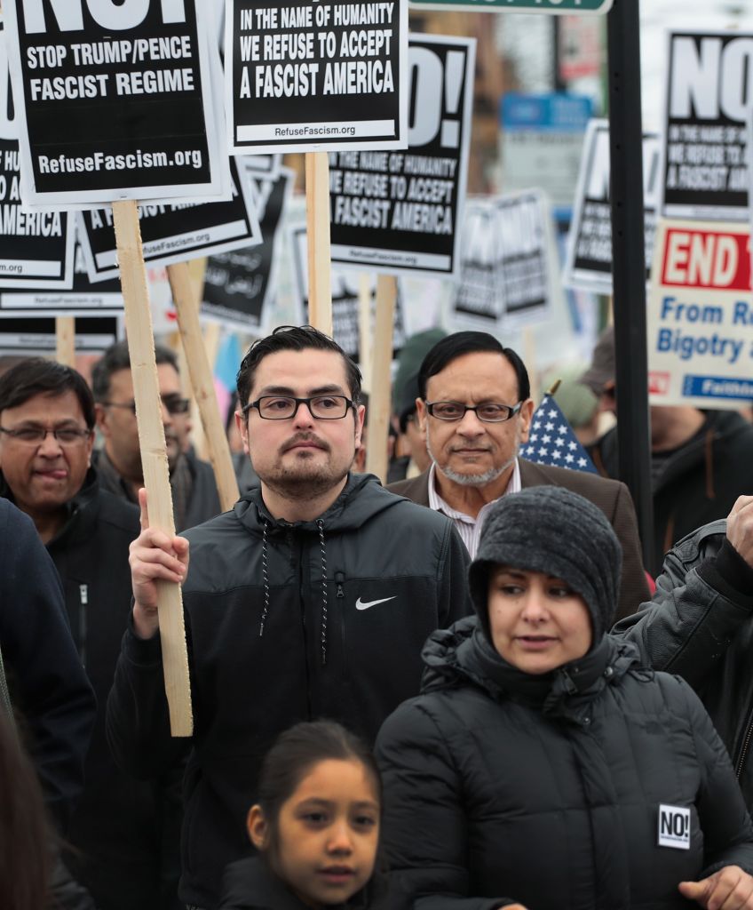 Demonstrators protest against Trump's travel ban on February 11, 2017, in Chicago, Illinois. (Photo by Scott Olson/Getty Images)