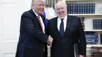 President Donald Trump shakes hands with Russian Ambassador to the United States Sergei Kislyak during talks with Russia's Foreign Minister Sergei Lavrov at the White House. (Photo by Alexander Shcherbak/TASS via Getty Images)