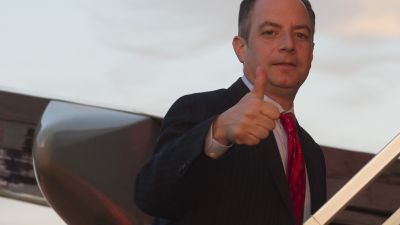 White House Chief of Staff Reince Priebus gives a thumbs-up as he boards Air Force One prior to departure from Youngstown-Warren Regional Airport in Vienna, Ohio, July 25, 2017, following a campaign rally with President Trump. (Photo by Saul Loeb/AFP/Getty Images)