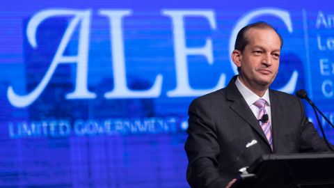 US Secretary of Labor Alexander Acosta delivers remarks at the 44th annual American Legislative Exchange Council (ALEC) meeting in Denver on July 21, 2017. (Photo by US Department of Labor | Flickr CC 2.0)
