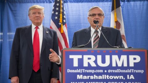 Sheriff Joe Arpaio of Maricopa County, Arizona endorses then-Republican presidential candidate Donald Trump prior to a rally on Jan. 26, 2016 in Marshalltown, Iowa. (Photo by Scott Olson/Getty Images)