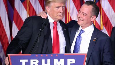 President-elect Donald Trump and Reince Priebus, chairman of the Republican National Committee, embrace during his election night event at the New York Hilton Midtown in the early morning hours of Nov. 9, 2016 in New York City. (Photo by Mark Wilson/Getty Images)