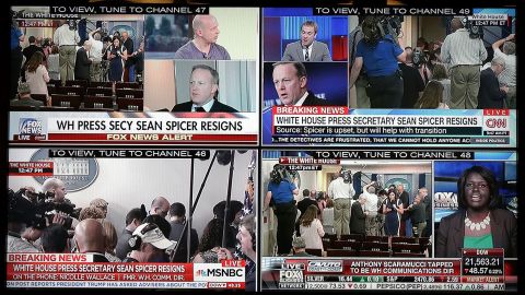 Four cable news networks are simultaneously displayed on a television in the White House press office after news that press secretary Sean Spicer resigned on July 21, 2017. (Photo by Chip Somodevilla/Getty Images)