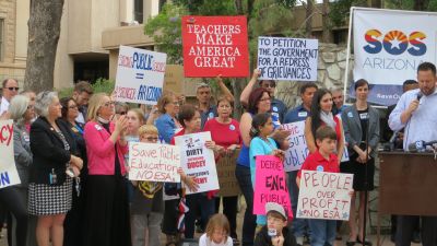 Save Our Schools Arizona holds a press conference at the state capitol in Phoenix on May 8, 2017 to announce their campaign to fight voucher expansion. (Photo by Save Our Schools Arizona)