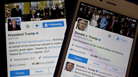 The Twitter accounts of President Donald Trump, @POTUS and @realDoanldTrump, are seen on an Apple Inc. iPhone arranged for a photograph on Friday, Jan. 27, 2017. (Photo by Andrew Harrer/Bloomberg via Getty Images)